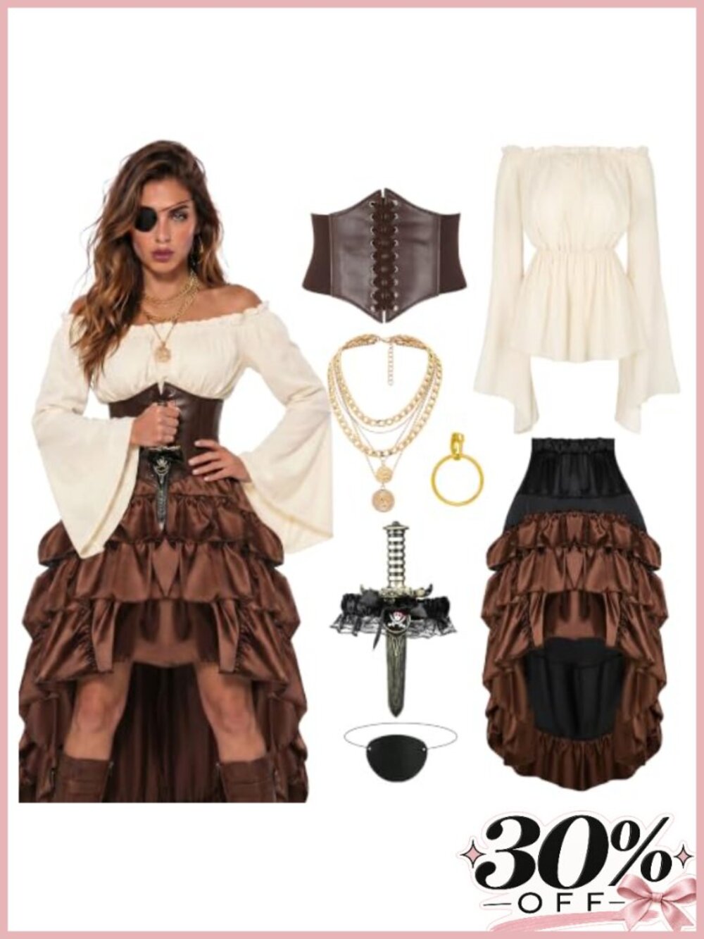 Womens Pirate Costume Renaissance Corset Steampunk Skirt Top Halloween Cosplay